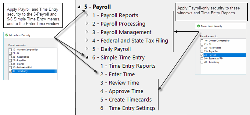 The 5-Payroll and 5-6 Simple Time Entry menus are expanded 