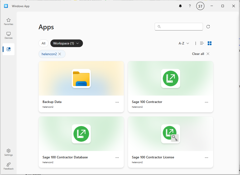 A Windows App Workspace showing the Sage 100 Contractor Cloud apps